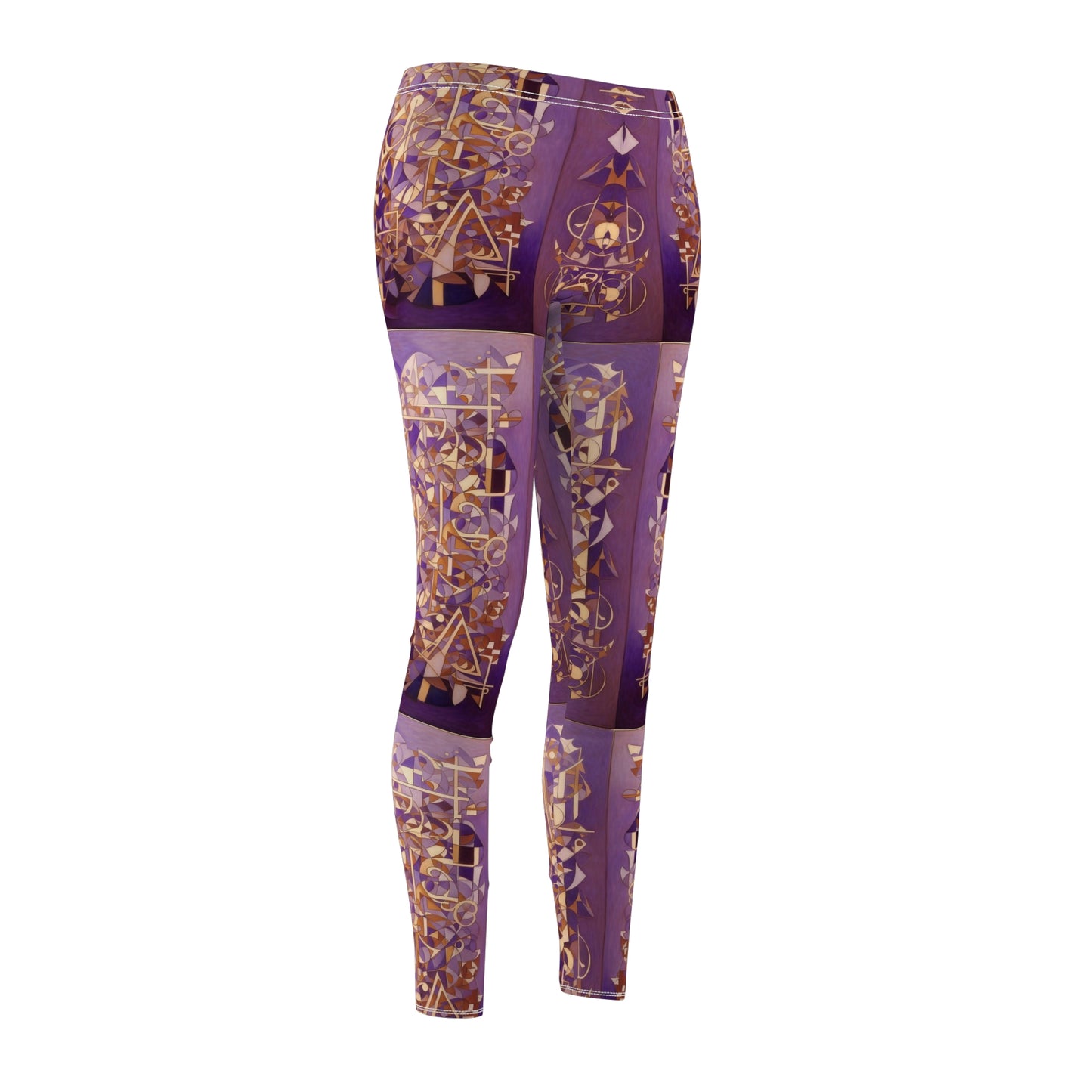 Skinny fit leggings, shades of purples with gold and white geometric patterns, front side view.
