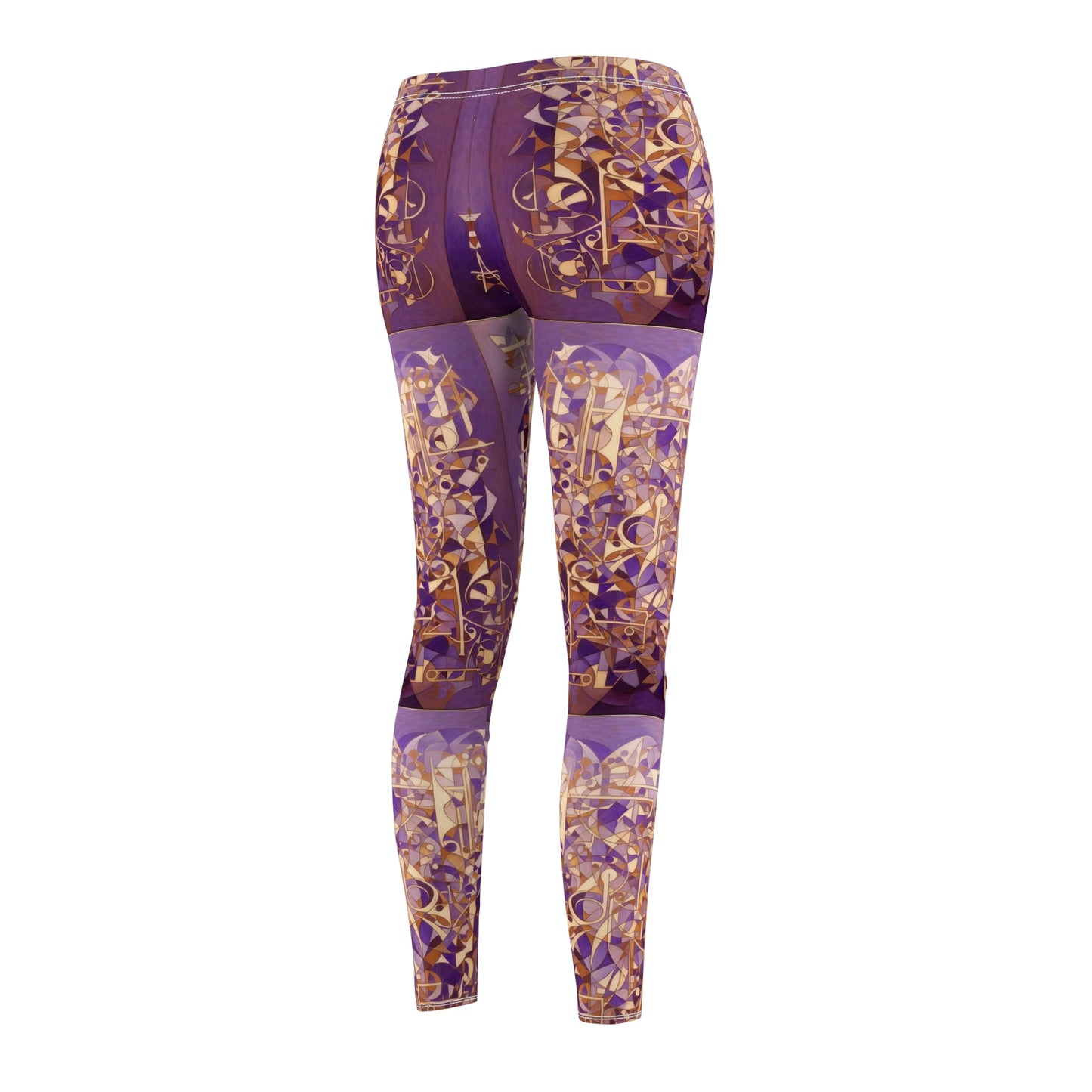 Skinny fit leggings, shades of purples with gold and white geometric patterns, back side view.