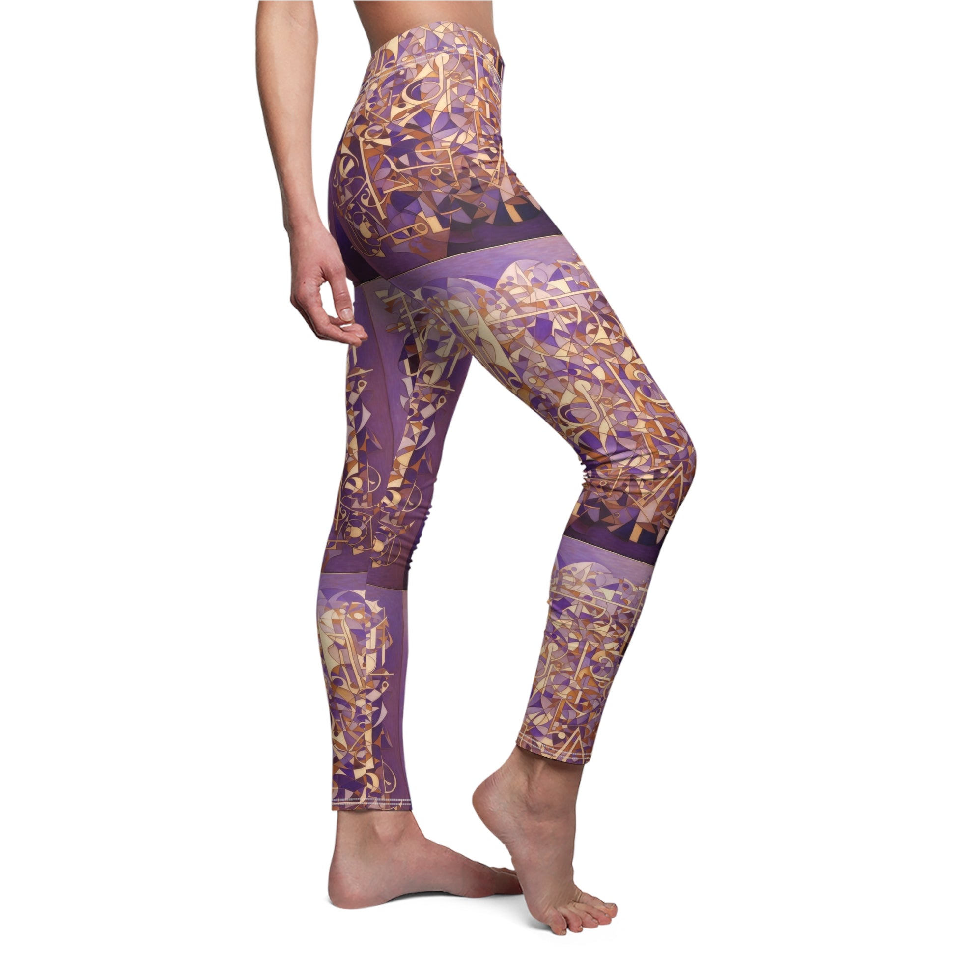 Skinny fit leggings, shades of purples with gold and white geometric patterns, side view, on model.