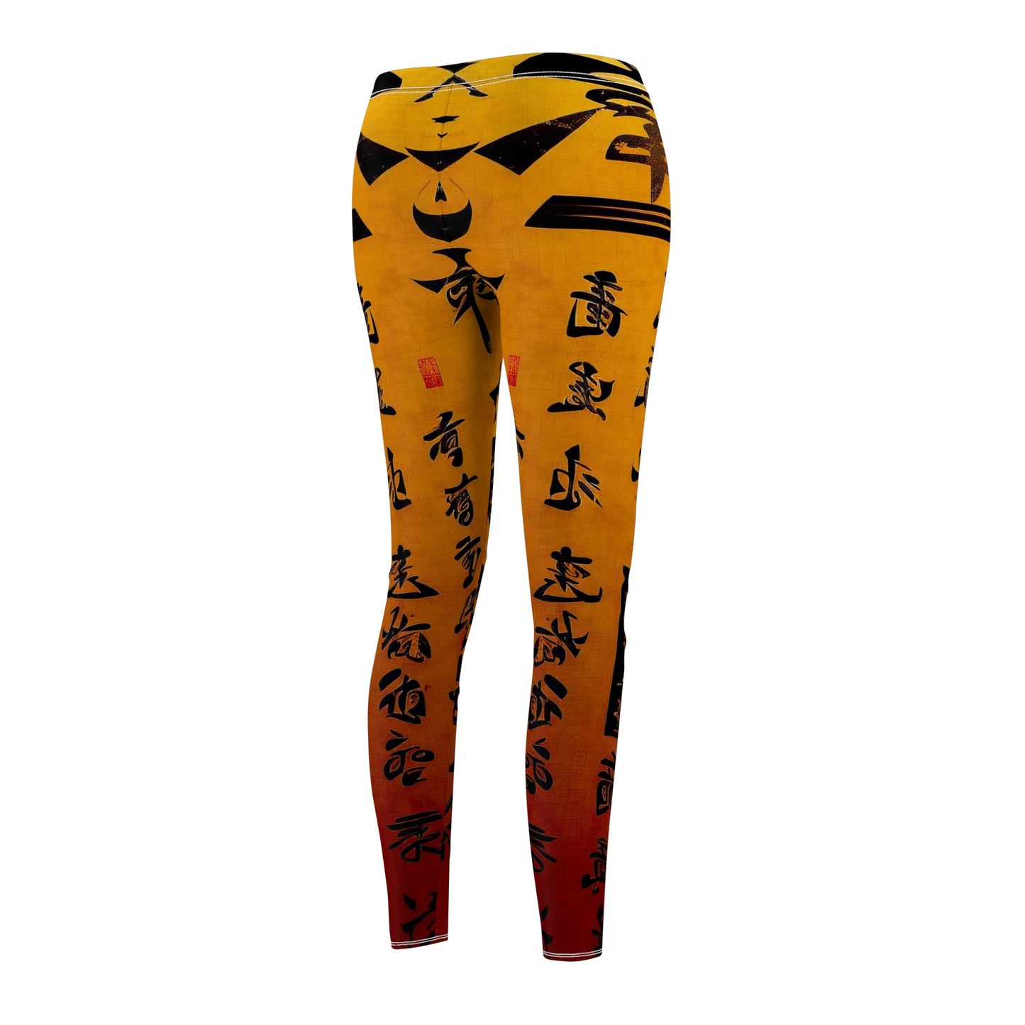 Back side view of a pair of skinny fit leggings featuring a gold color with black geometric patterns and a visible white thread color.