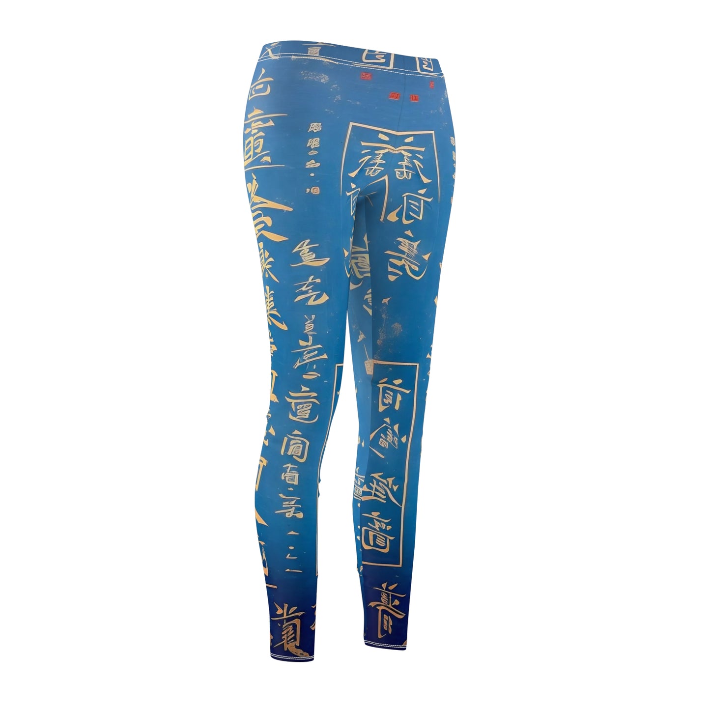 Baby blue skinny fit leggings with all-over print design of gold Chinese lettering - front side view.