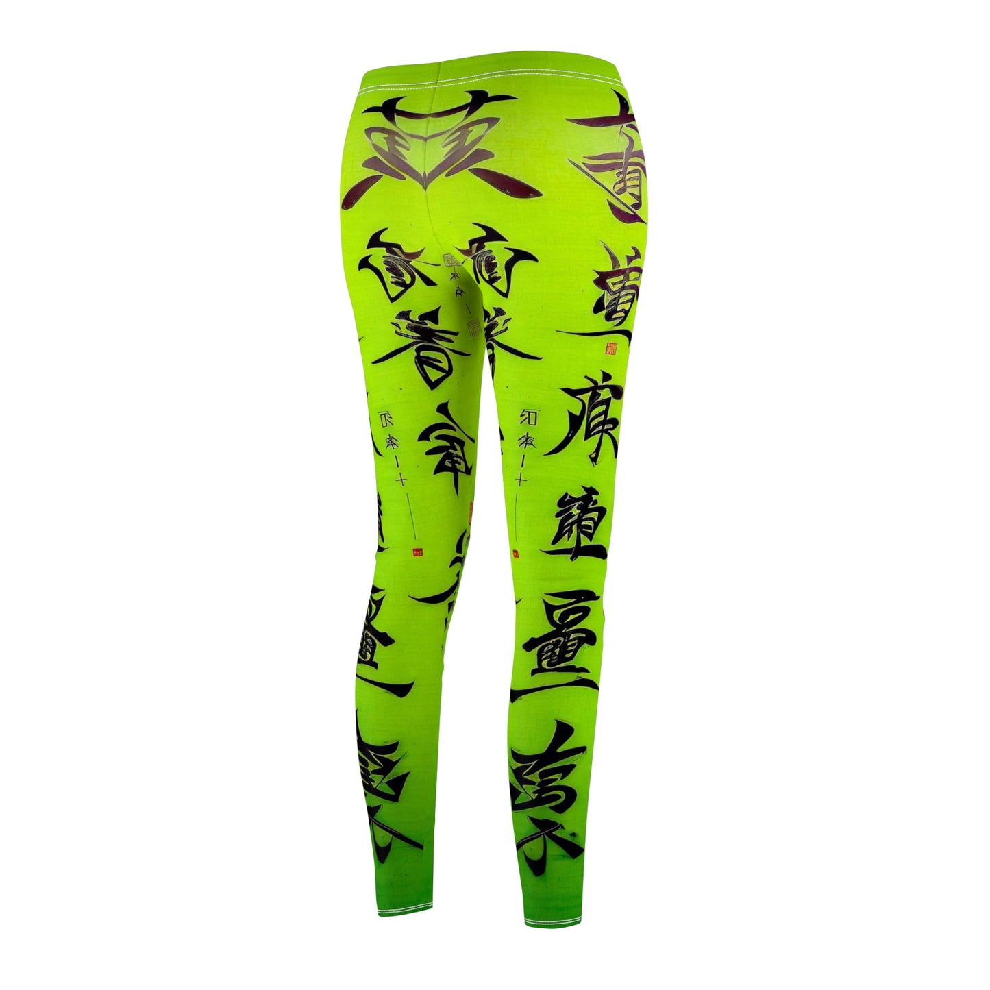 Back side view of a pair of lime green leggings with a white thread color and a graphic print featuring stylized Chinese lettering in black.