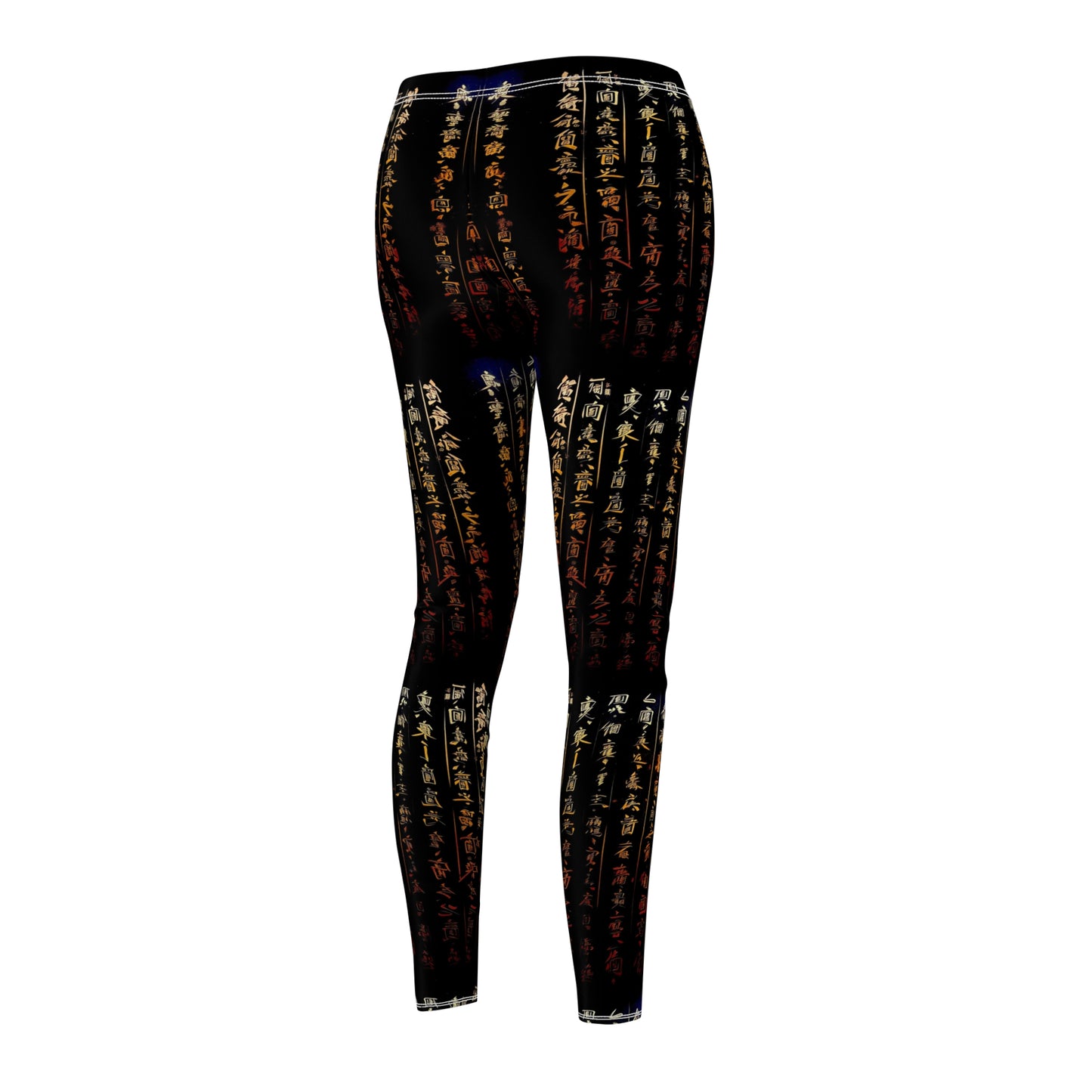 Back side view of a pair of black activewear leggings with a gold all-over Chinese calligraphy print, featuring a skinny fit design.