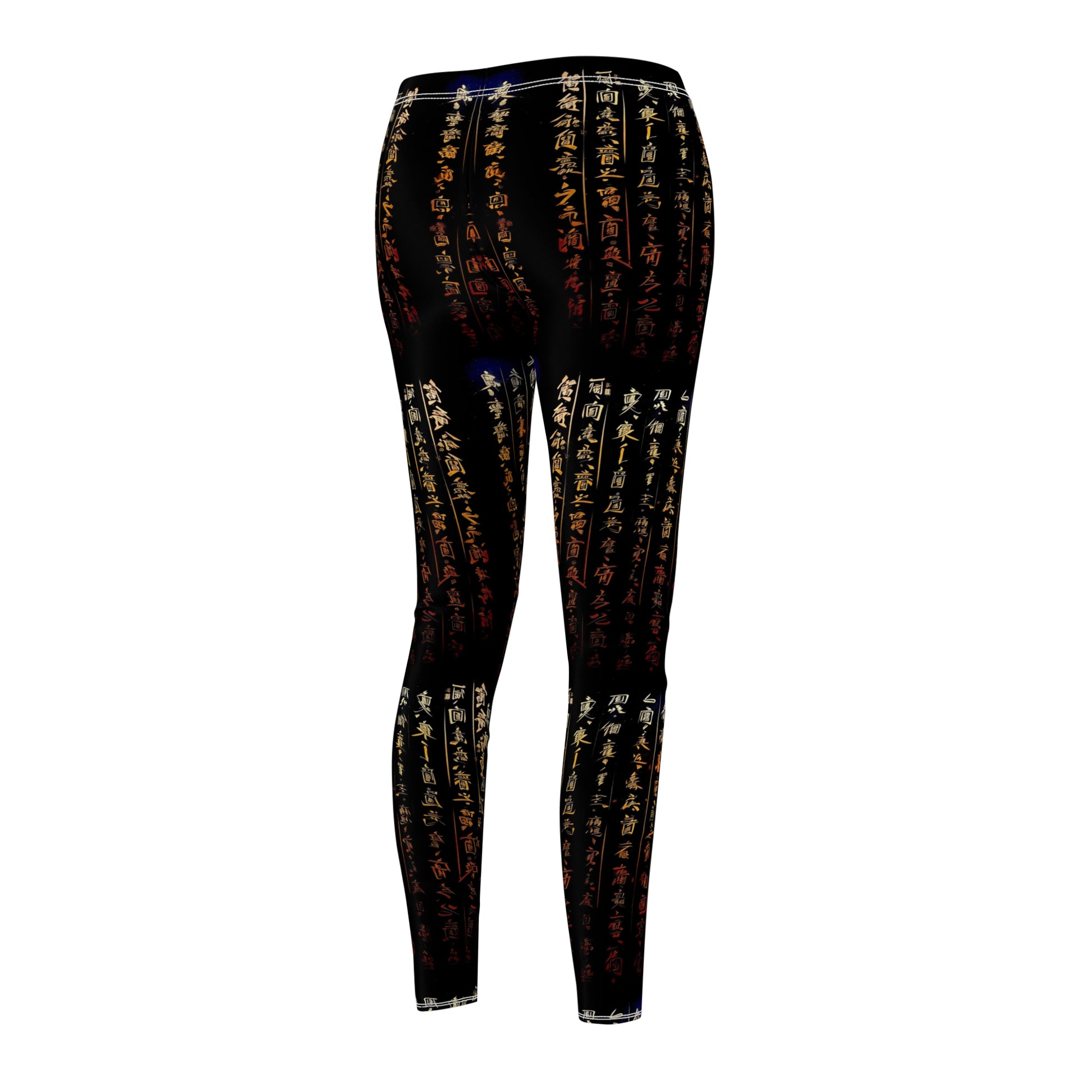 Back side view of a pair of black activewear leggings with a gold all-over Chinese calligraphy print, featuring a skinny fit design.
