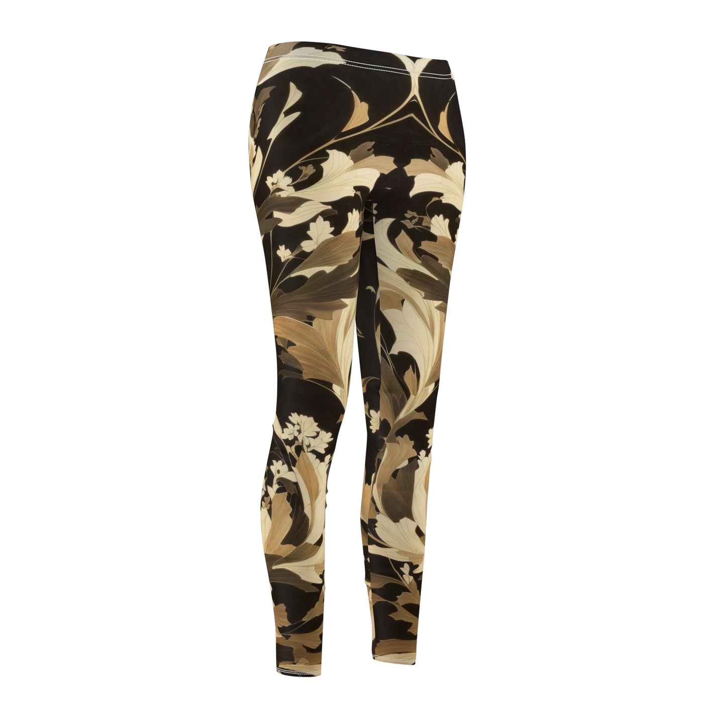 Leggings, black, brown, beige, cream floral pattern.