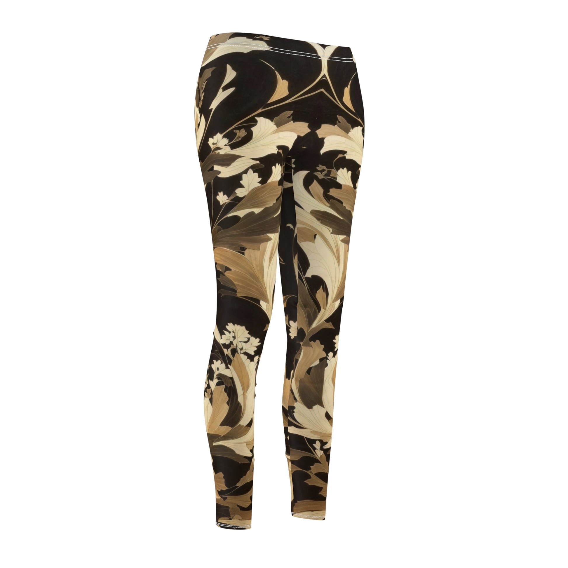 Leggings, black, brown, beige, cream floral pattern.