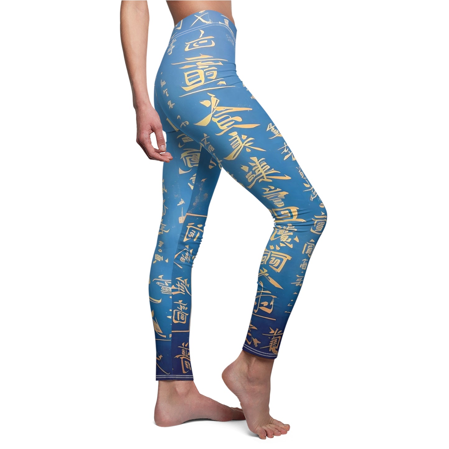 Baby blue skinny fit leggings with all-over print design of gold Chinese lettering - side view - worn by model.