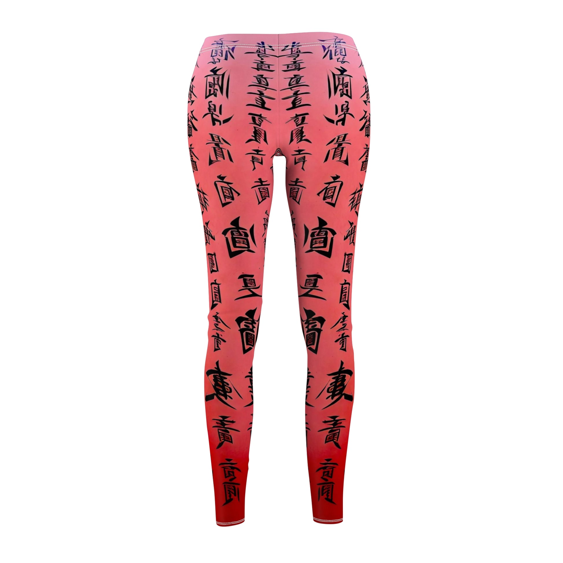 A pair of pink elastic skinny fit leggings with a black all-over print featuring what appears to be Chinese characters.