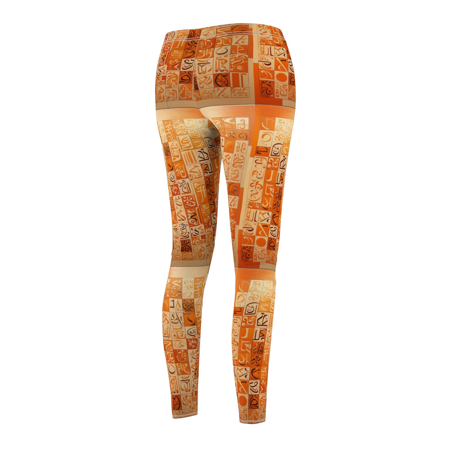 A pair of skinny fit leggings with geometric patterns in orange, creams, and browns with black and cream calligraphy, back side view.