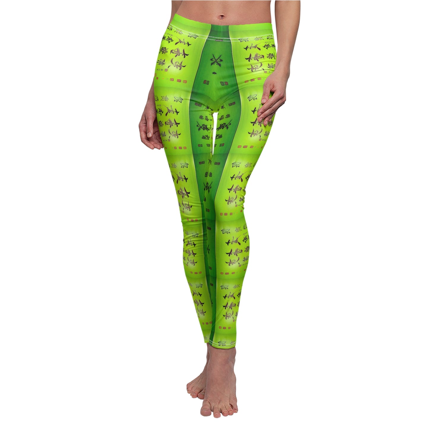 Model wearing a pair of lime green elastic skinny fit leggings with a pattern of Chinese calligraphy.
