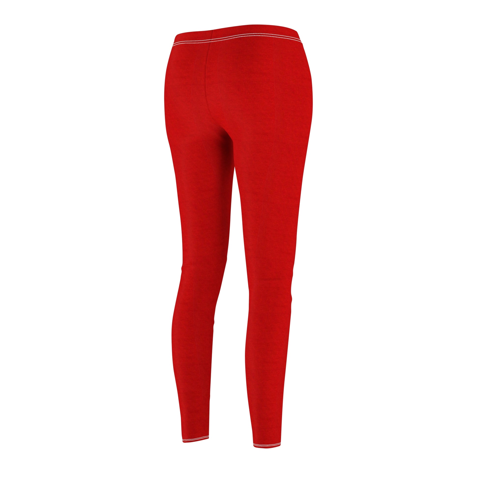 A pair of solid red skinny fit leggings with white thread color at the elastic waistband.