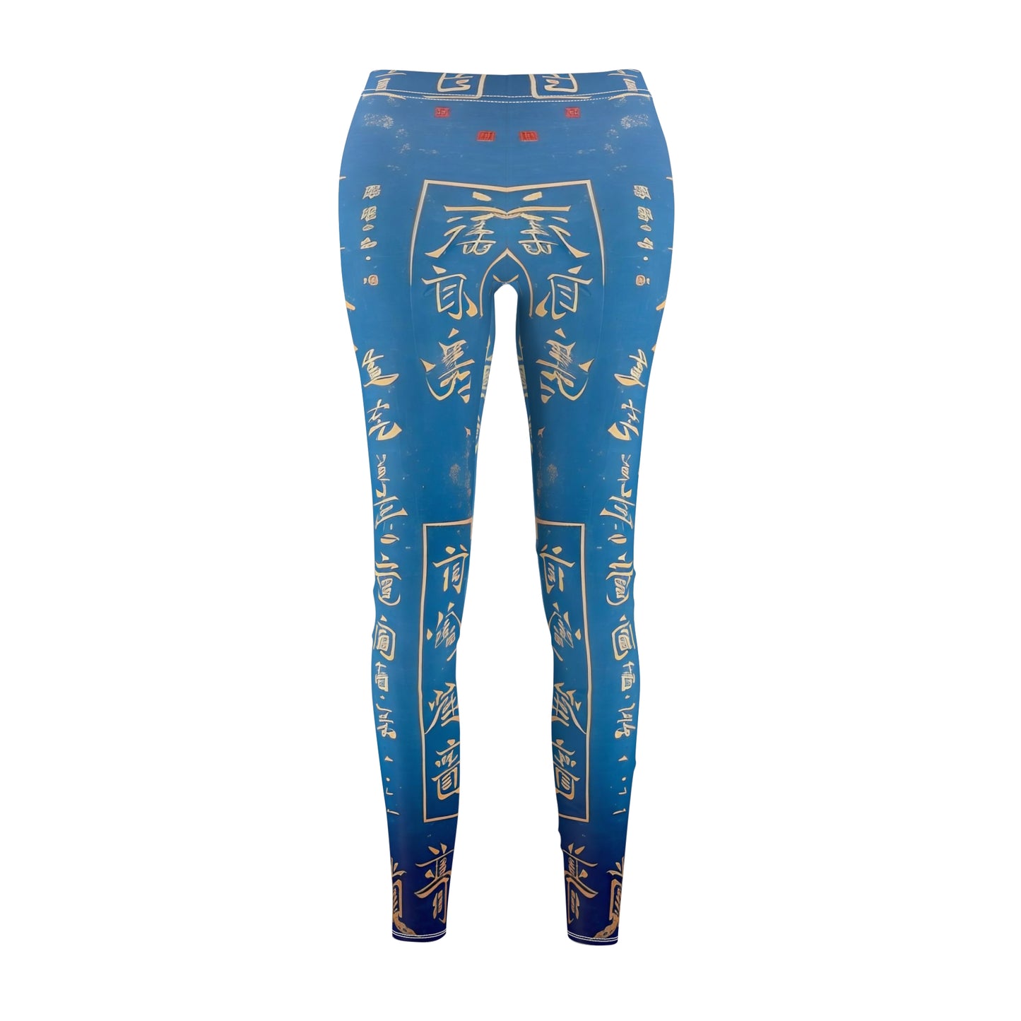 Baby blue skinny fit leggings with all-over print design of gold Chinese lettering - front view.