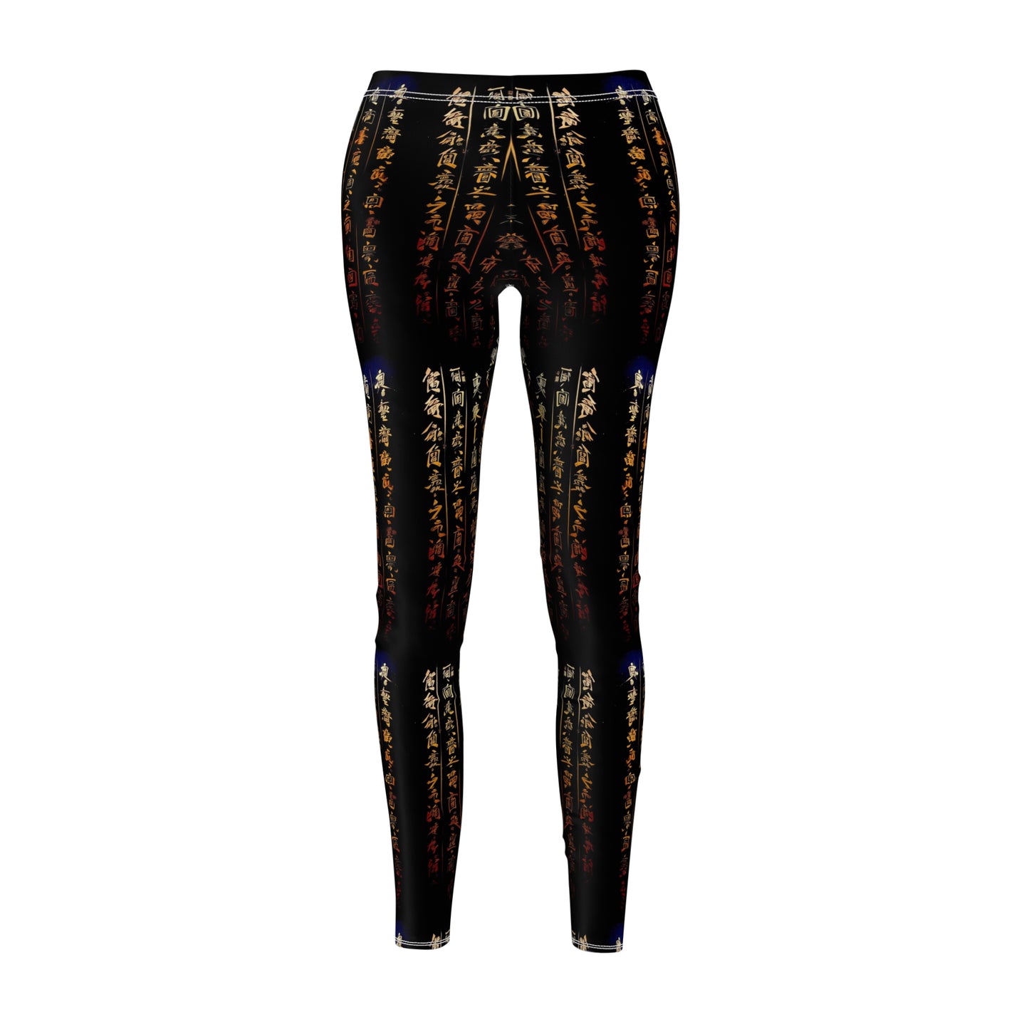 A pair of black activewear leggings with a gold all-over Chinese calligraphy print, featuring a skinny fit design.