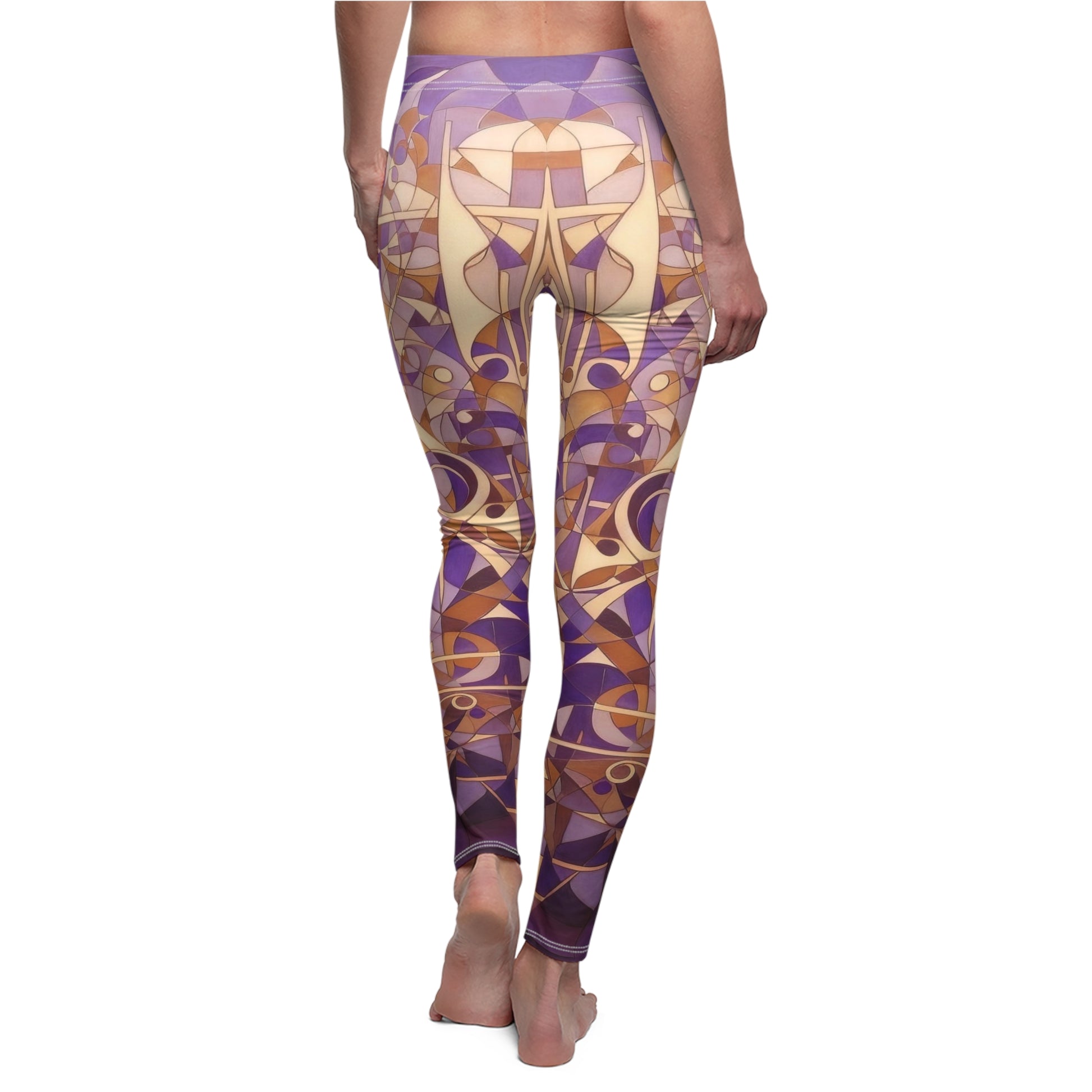 A pair of purple, cream and beige geometric patterned skinny fit leggings, back view, on model.