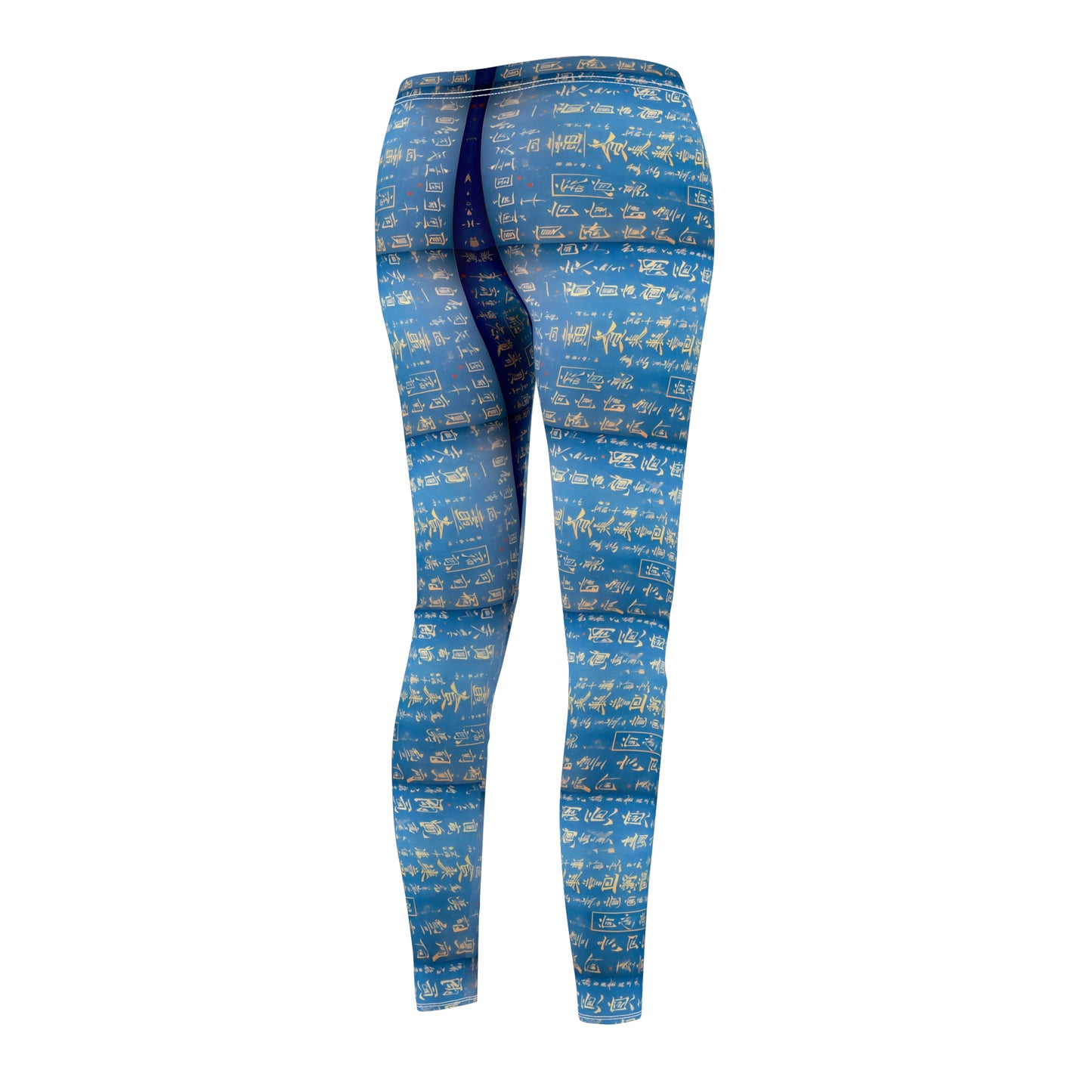 A pair of blue leggings, back side view, covered in gold Chinese writing, showcasing the product's skinny fit and vibrant color.