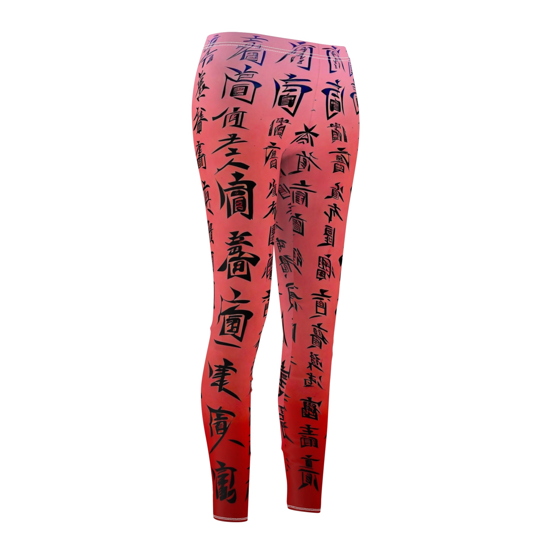 A pair of pink elastic skinny fit leggings with a black all-over print featuring what appears to be Chinese characters.