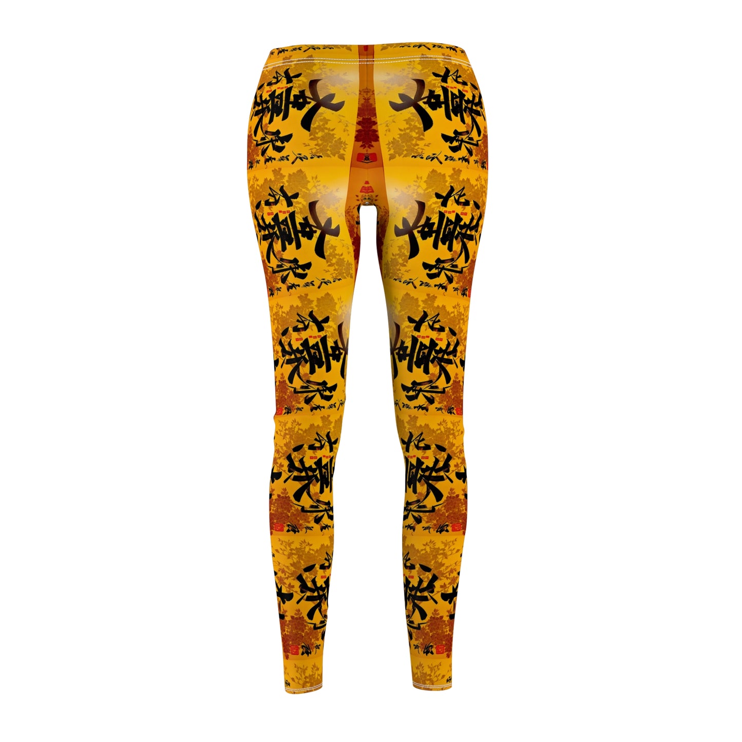 A pair of skinny fit leggings featuring a colorful all-over print, with a gold, black and orange Oriental design, back view.