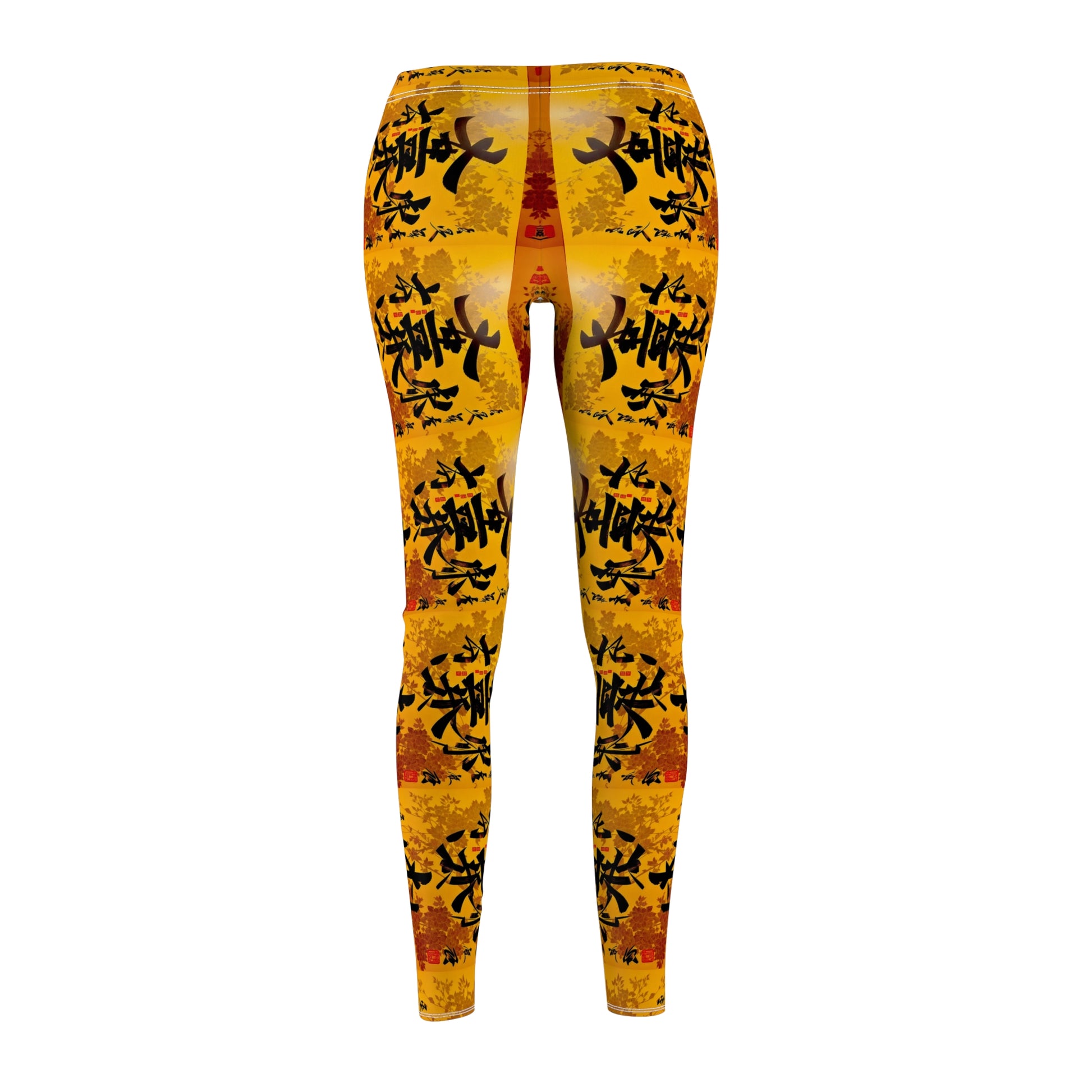 A pair of skinny fit leggings featuring a colorful all-over print, with a gold, black and orange Oriental design, back view.