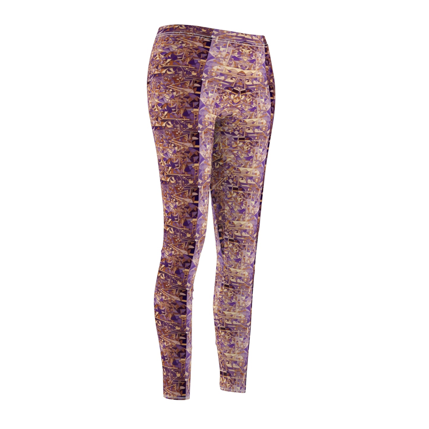 A pair of purple and gold leggings with a textured print, designed to be skinny fit, front side view.