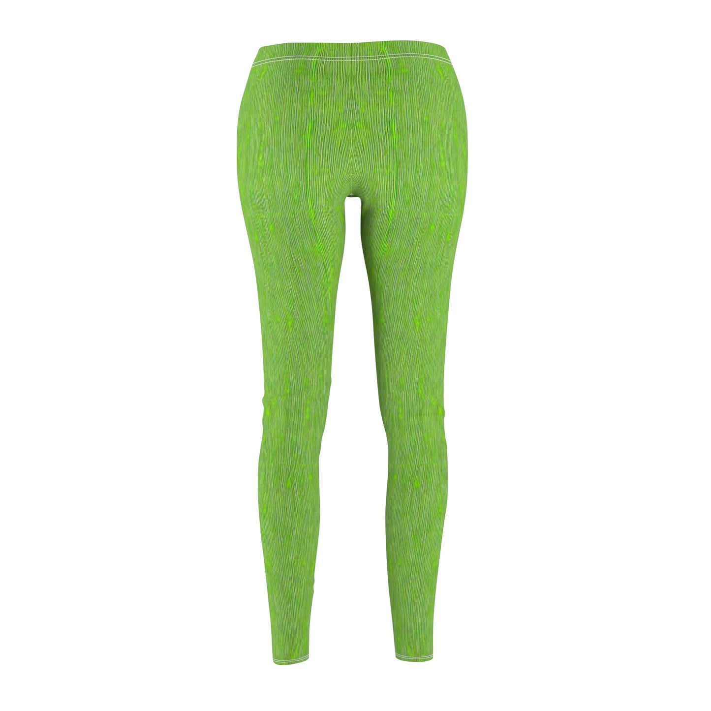 A pair of elastic skinny fit leggings in lime green with a white stripe pattern, back view.