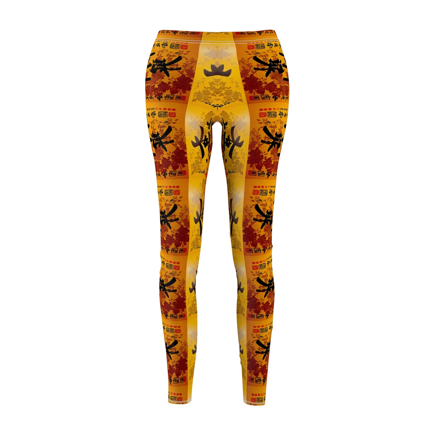 A pair of skinny fit leggings featuring a colorful all-over print, with a gold, black and orange Oriental design, front view.