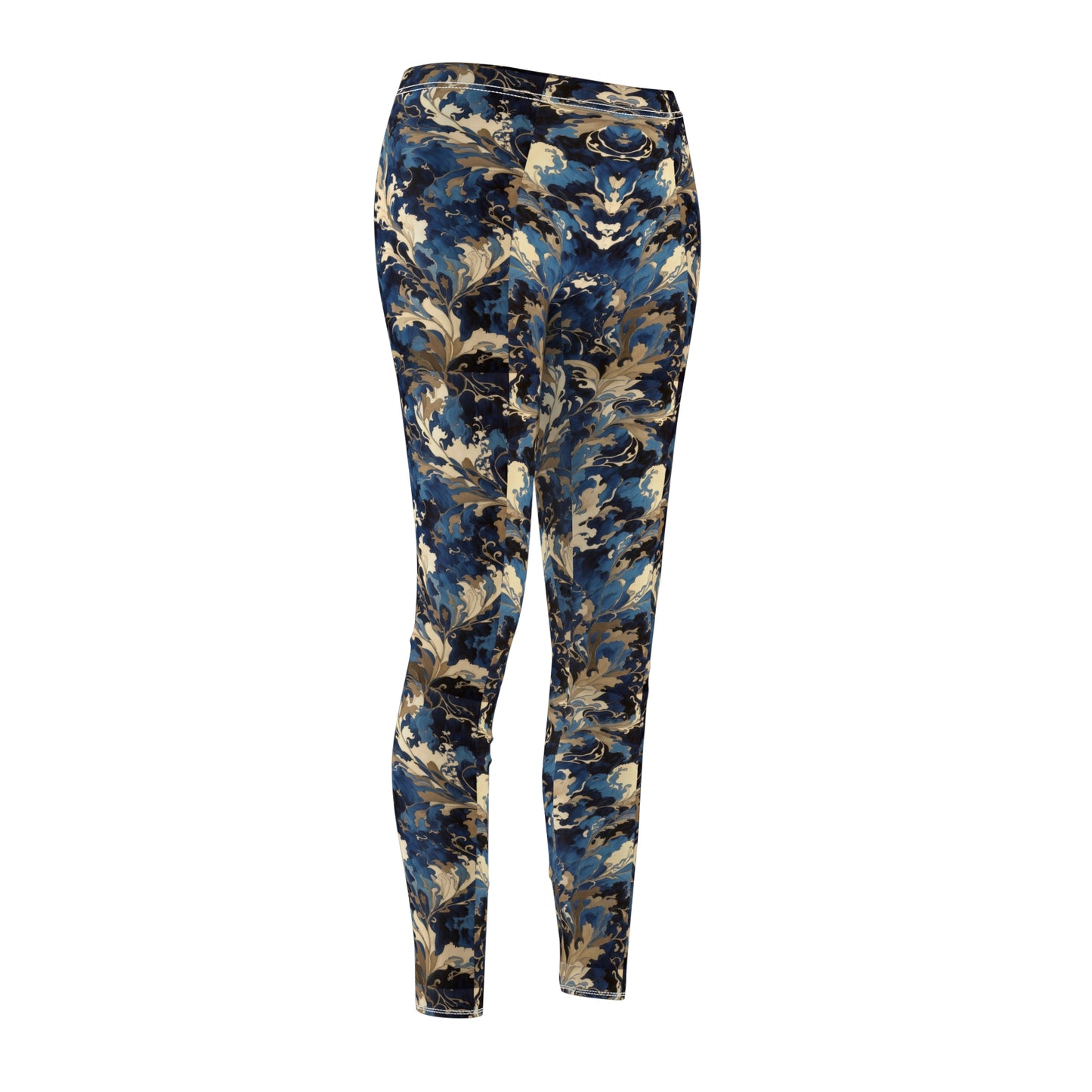 A pair of blue and gold floral print leggings with a skinny fit, elastic waistband, and a high-waisted design.