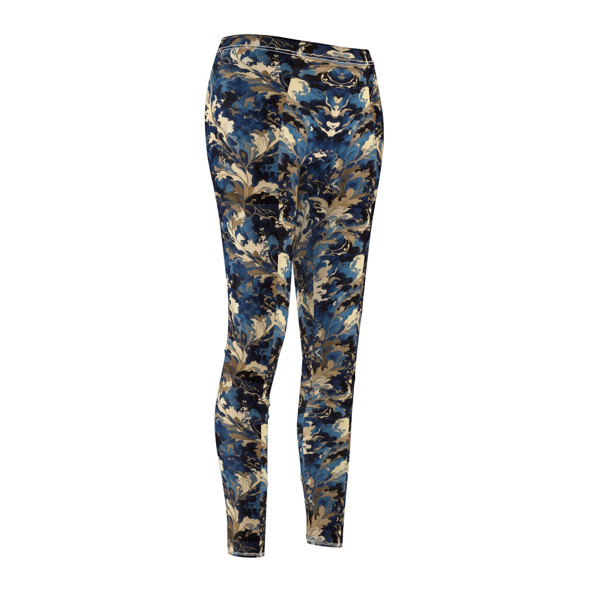 A pair of blue and gold floral print leggings with a skinny fit, elastic waistband, and a high-waisted design.