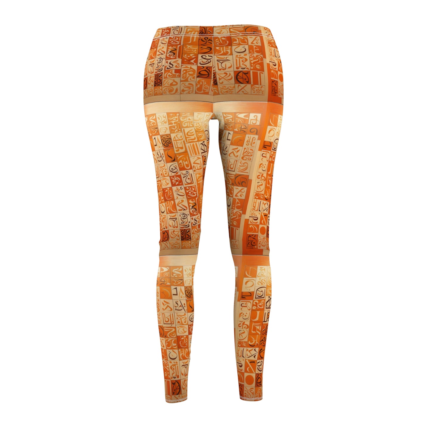 A pair of skinny fit leggings with geometric patterns in orange, creams, and browns with black and cream calligraphy, back view.