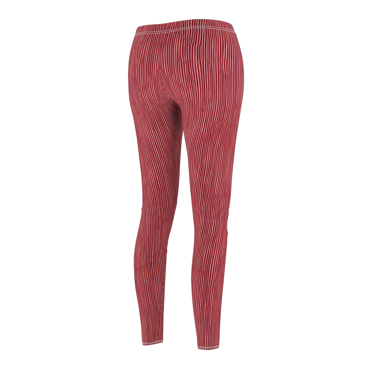 A pair of elastic skinny fit leggings with a red and white striped pattern.