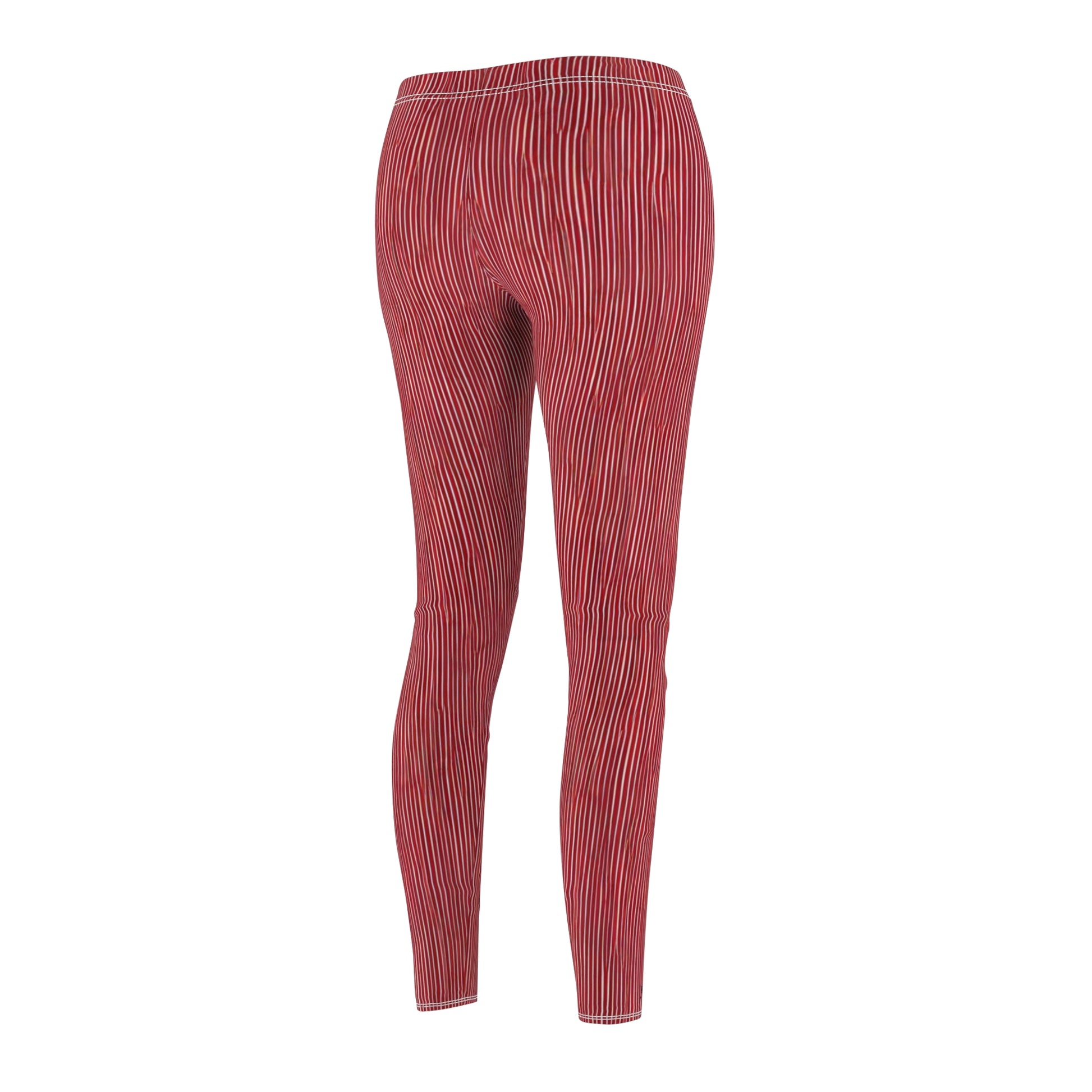 A pair of elastic skinny fit leggings with a red and white striped pattern.