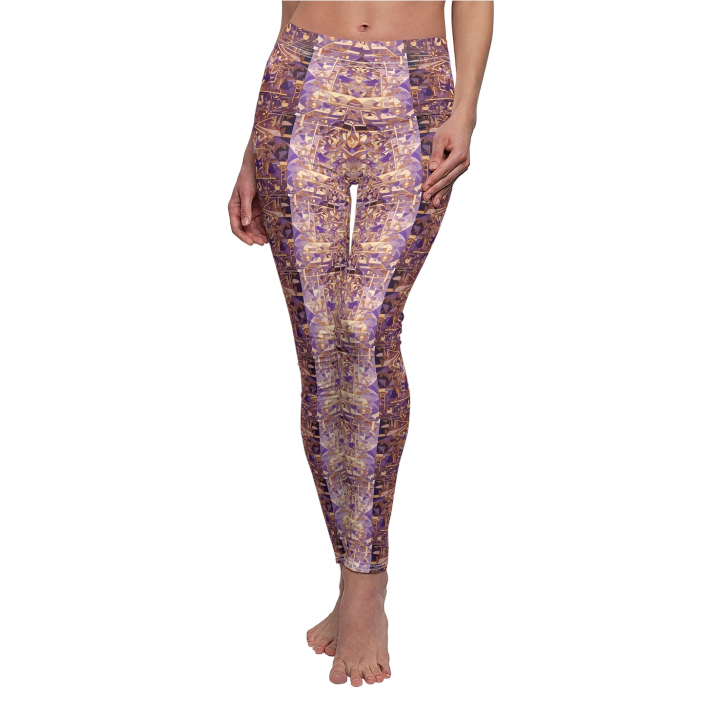 A pair of purple and gold leggings with a textured print, designed to be skinny fit, front view, worn by model.