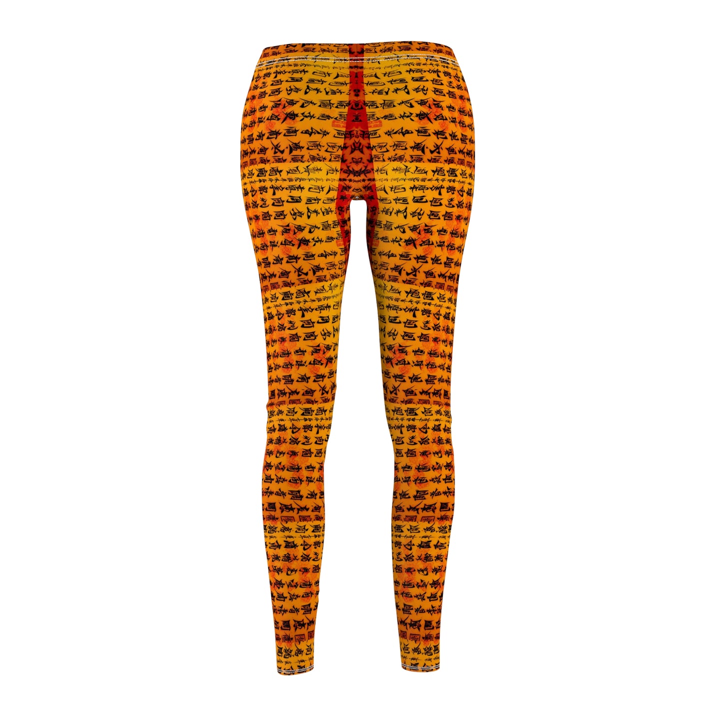 Back view of a pair of skinny fit leggings featuring Chinese calligraphy with vibrant colors predominantly in orange and yellow tones.