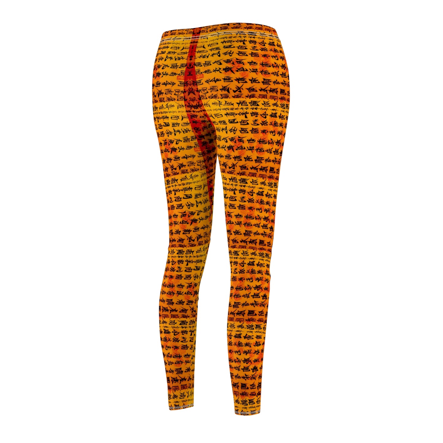 Back side view of a pair of skinny fit leggings featuring Chinese calligraphy with vibrant colors predominantly in orange and yellow tones.