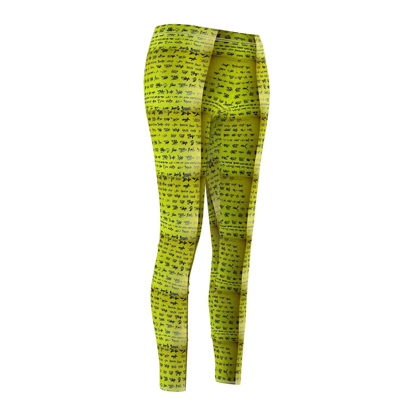 Front side view of a pair of lime green elastic skinny fit leggings with a white thread color and Chinese character pattern.