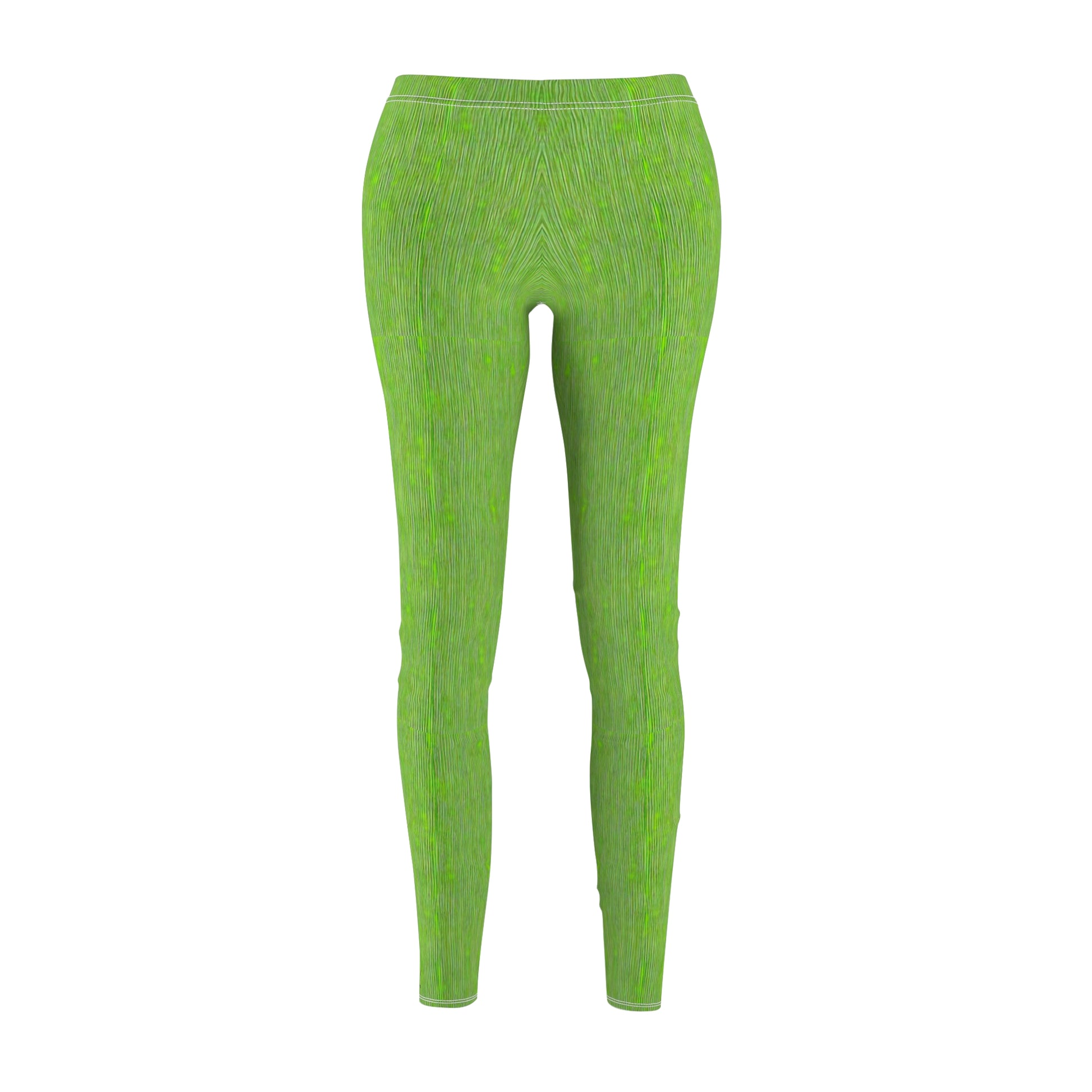 A pair of elastic skinny fit leggings in lime green with a white stripe pattern, front view.